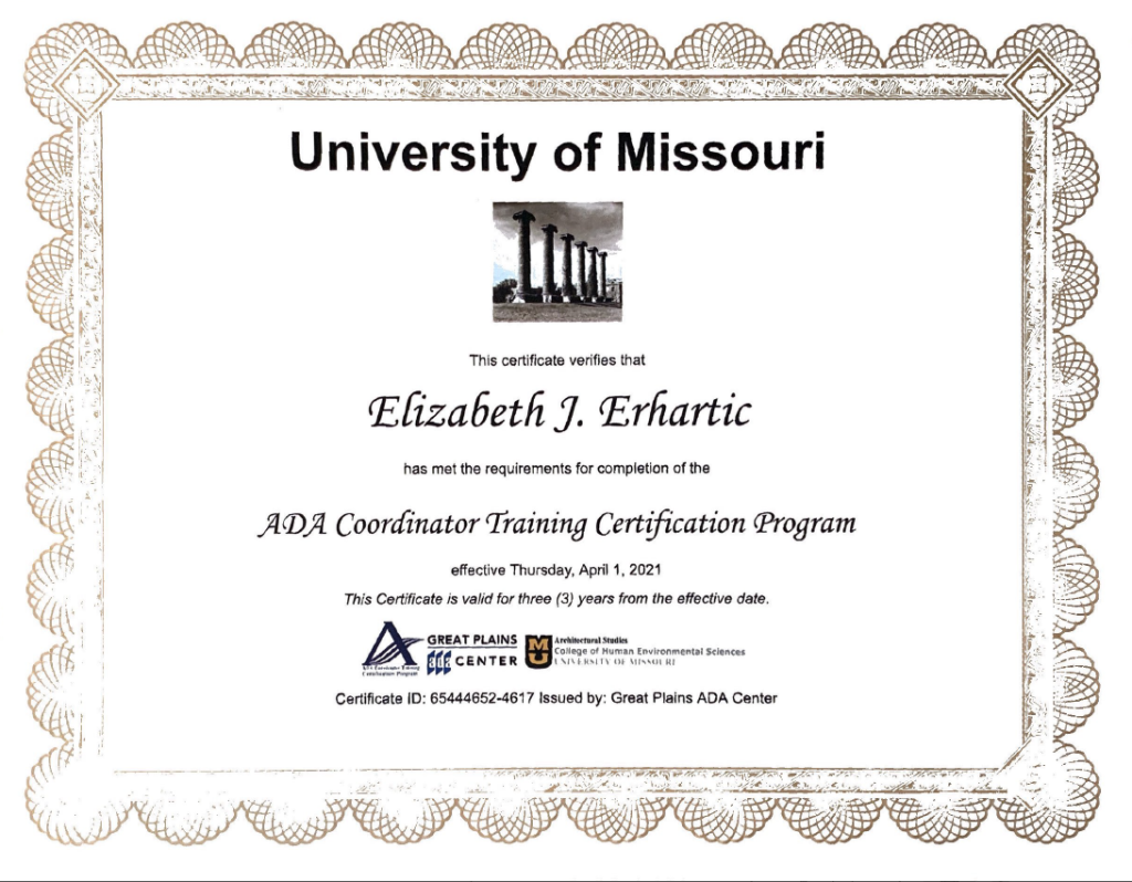 Scan of certificate for ADA Coordinator Training Certification Program for Elizabeth Erhartic, effective Thursday, April 1, 2021.